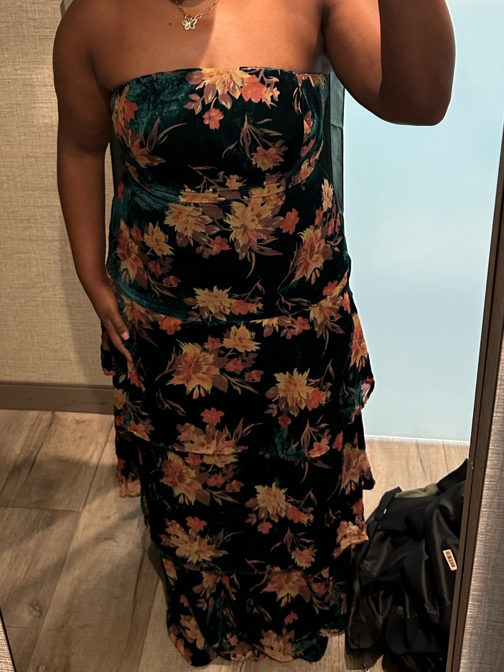 Lulu's Teal Strapless Floral Velvet Tiered Maxi Dress - Picture 4 of 4